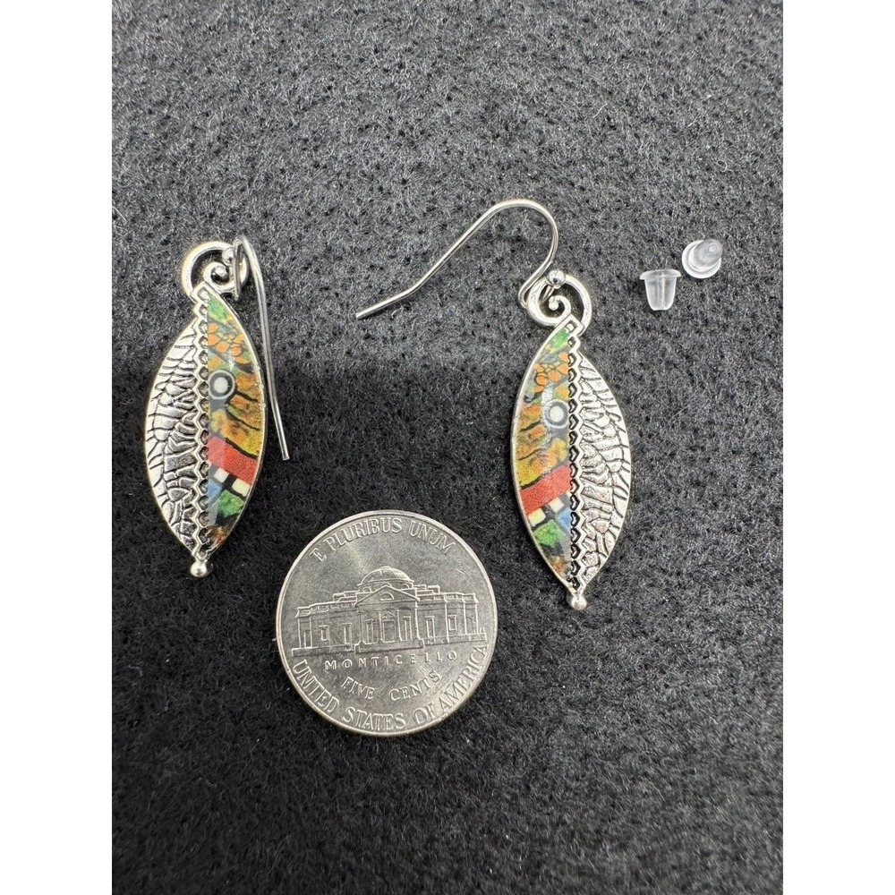 Multicolor Enamel Leaf Dangle Earrings Silver Tone Fishhook New Without Tags
